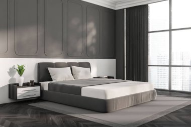 Karanlık yatak odasının iç tarafında yatak odası, panoramik pencere, başucu, yastıklar, ev bitkisi, meşe ağacından ahşap döşeme, halı. Minimalist tasarım kavramı. Yaratıcı fikir için yer var. 3d oluşturma