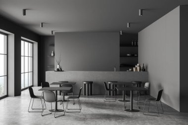 Modern koyu kafe iç mekanın ön manzarası sandalyeli dört masa, boş gri duvar, panoramik pencere, bar taburesi, raf, beton zemin. Minimalist tasarım kavramı. 3d oluşturma