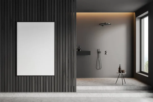 シャワー付きの暗いバスルームのインテリア 灰色のコンクリートの表彰台にアクセサリーとスツール 田舎のパノラマの窓のあるホテルのスタジオ モックアップ キャンバス ポスター 3Dレンダリング — ストック写真