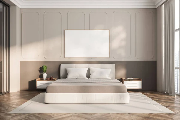 Bej Yatak Odası Kısmı Halıda Çarşaf Modern Sanat Dekorasyonlu Komodin — Stok fotoğraf
