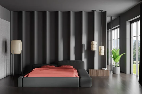 Dark Bedroom Interior Bed Nightstand Books Plant Hardwood Floor Partition — Stock Photo, Image