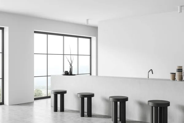 バー島の白いカフェのインテリア 田舎の椅子とパノラマの窓 最小限のコーヒーの場所 モックアップコピースペースの空の壁 3Dレンダリング — ストック写真