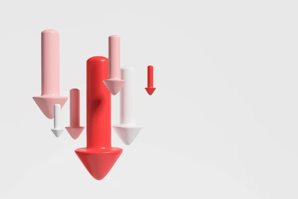 灰色の背景に落ちる複数の赤い矢印 危機と不況の概念 コピースペース 3Dレンダリング — ストック写真