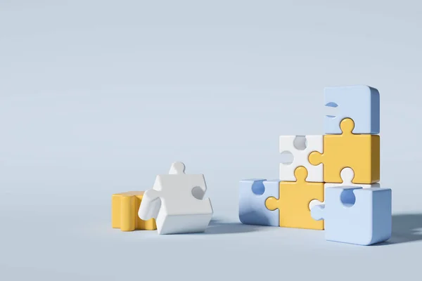 Verstreute Und Zerlegte Puzzleteile Auf Blauem Hintergrund Konzept Der Verbindung — Stockfoto