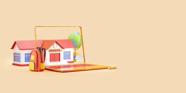 Laptop Screen Cartoon School Building Backpack Textbook Side View Earth — Stock Photo, Image