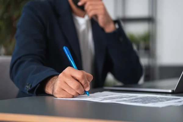 West Eastern Businessman Hand Chin Pensive Look Signing Paper Contract — Stock Photo, Image