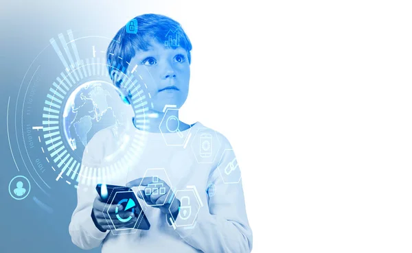 Çocuk Parmağı Telefona Dokunuyor Dünya Küresi Dijital Bağlantı Hologramı Web — Stok fotoğraf