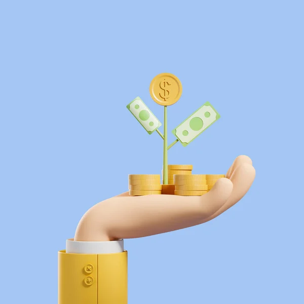 Cartoon hand with money tree, branch with dollar banknotes and stack of golden coin on blue background. Concept of business growth and success. 3D rendering