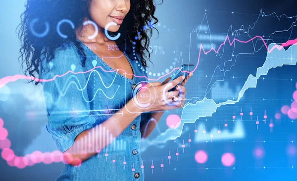 Black Businesswoman Working Smartphone Double Exposure Colorful Forex Analysis Hud — Stock Photo, Image