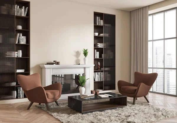 Stilvolles Wohnzimmer Mit Zwei Sesseln Seitenblick Couchtisch Kamin Und Regal — Stockfoto