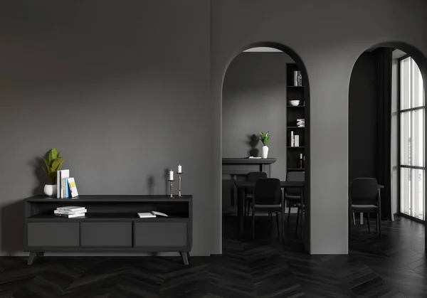 Dark living room interior with sideboard, dining table and chairs, archways and panoramic window on city view. Mockup copy space empty wall. 3D rendering