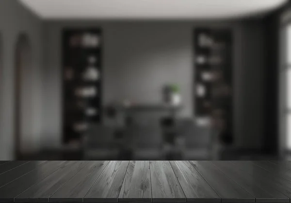 Κενό Μαύρο Ξύλινο Γραφείο Σκούρο Εσωτερικό Τραπεζαρία Καρέκλες Και Τραπέζι — Φωτογραφία Αρχείου