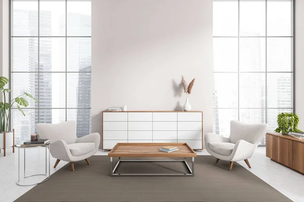 空の白い壁 アームチェア コーヒーテーブル コンクリート床 カーペット パノラマウィンドウ サイドボードと明るいリビングルームのインテリアのフロントビュー ミニマルデザイン モダンアートのコンセプト 3Dレンダリング — ストック写真