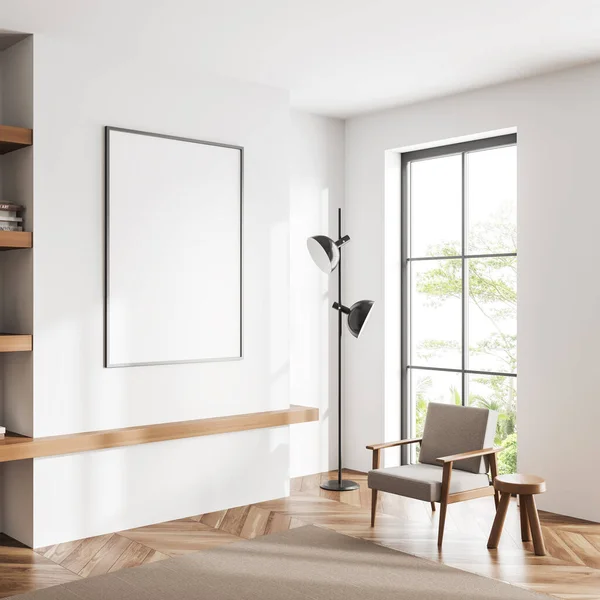 Weiße Wohnzimmereinrichtung Mit Sessel Und Hocker Der Ecke Seitenansicht Panoramafenster — Stockfoto