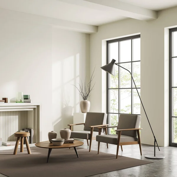 Weißes Wohnzimmer Mit Zwei Sesseln Seitenblick Couchtisch Und Kamin Mit — Stockfoto