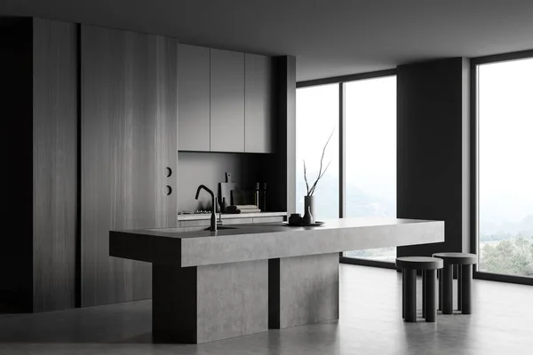 Dunkler Küchenraum Mit Barhocker Und Arbeitsplatte Seitenansicht Grauer Betonboden Geschirr — Stockfoto