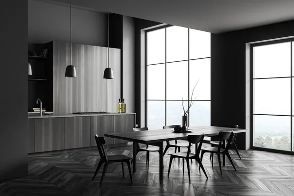 Dunkle Kücheneinrichtung Mit Tisch Und Stühlen Seitenblick Barinsel Auf Schwarzem — Stockfoto