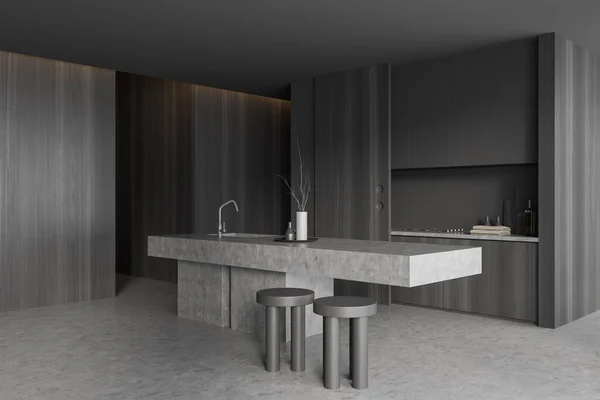 Dark Kitchen Interior Bar Stool Countertop Side View Grey Concrete — Stock Photo, Image