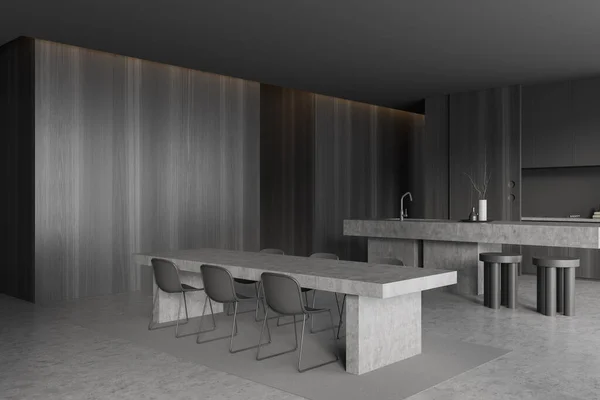 角落可以看到黑暗厨房的内部 有岛屿 理发店 水泥地板 简约设计的概念 3D渲染 — 图库照片