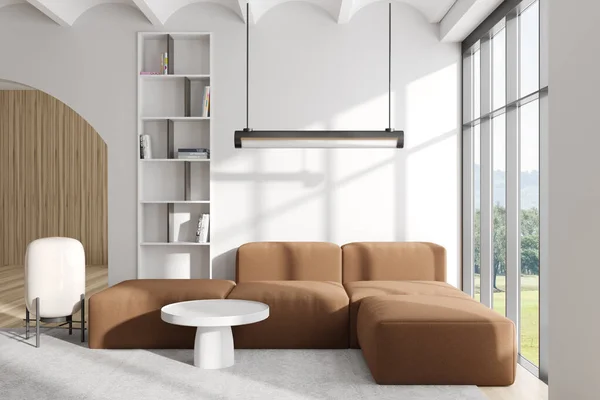 Blanco Relajarse Interior Con Sofá Estante Minimalista Con Decoración Arte —  Fotos de Stock