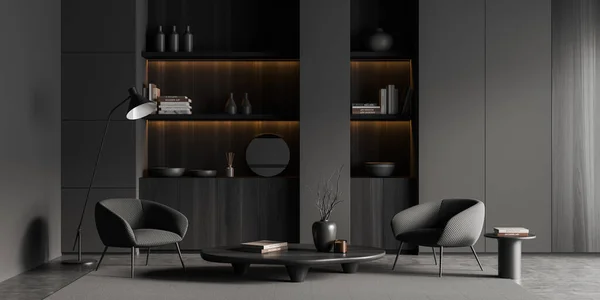Front view on dark living room interior with armchairs, coffee table, concrete floor, carpet, shelves with books and crockery, round mirror. Concept of minimalist design, modern art. 3d rendering