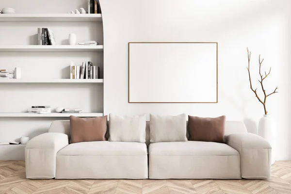 Salon Blanc Intérieur Avec Canapé Étagère Loft Avec Décoration Art — Photo
