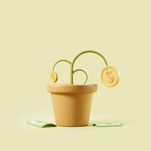 Pénz Növény Pot Alá Dollár Bankjegyek Arany Érme Világoszöld Háttérrel — Stock Fotó