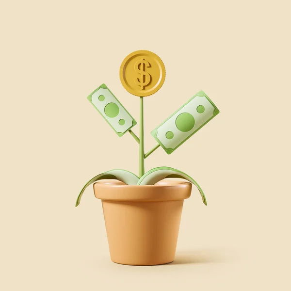 盆栽与美元钞票和金银币米色背景 商业增长和投资的概念 3D渲染 — 图库照片