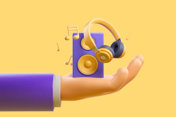 Cartoon Hand Holding Speaker Headphones Notes Yellow Background Concept Music — Stock Photo, Image