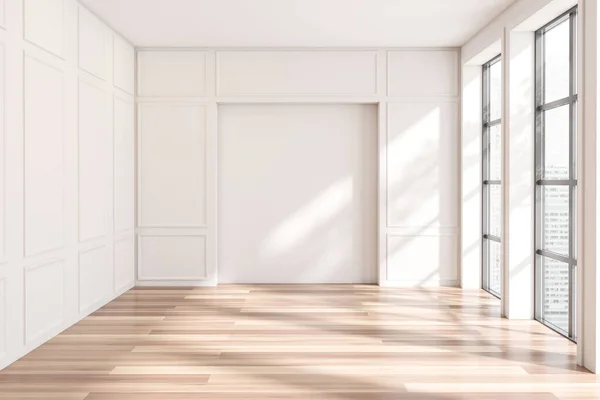 Widok Przodu Jasny Pusty Salon Wnętrze Białą Ścianą Panoramiczne Okno — Zdjęcie stockowe