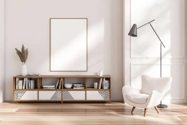 White Living Room Interior Armchair Lamp Hardwood Floor Sideboard Stylish — Stock Photo, Image