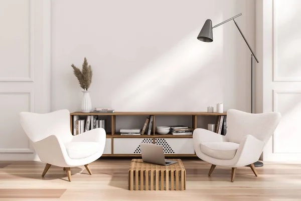 White meeting room interior with armchairs and laptop on coffee table, hardwood floor. Meeting area and sideboard with art decoration. Mockup empty white wall. 3D rendering