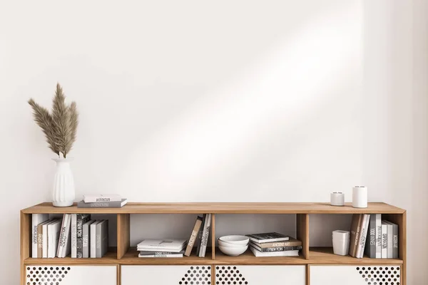 Interior Branco Sala Estar Com Aparador Madeira Decoração Arte Área — Fotografia de Stock