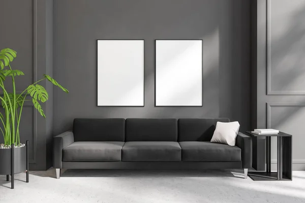 Dark Relax Kamer Interieur Met Sofa Salontafel Met Boeken Plant — Stockfoto