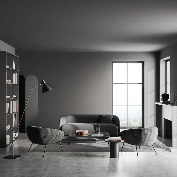 Dark Living Room Interior Sofa Armchairs Coffee Table Fireplace Shelf — Stock Photo, Image
