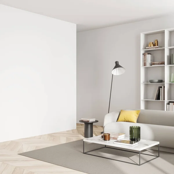 白色客厅内部有沙发 侧视图 咖啡桌在地毯上 有书架和书籍的松驰角落 硬木地板 模拟复制空间墙 3D渲染 — 图库照片