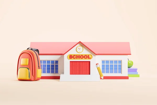 Cartoon school building, backpack with pencil and stack of books on beige background. Concept of education and learning. 3D rendering