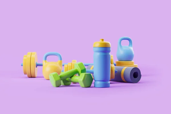 不同的锻炼装备设置在紫色背景 健身和运动的概念 3D渲染 — 图库照片