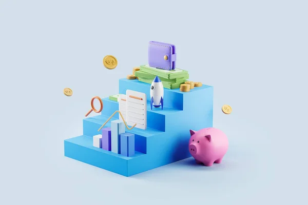 楼梯和业务进展 带财务分析 储蓄罐和一叠美元钞票的条形图 创业和成功的概念 3D渲染 — 图库照片