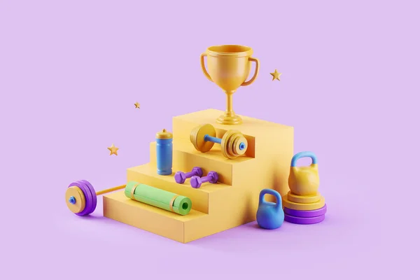 运动器材 哑铃和带垫子的水壶 领奖台上的金牌得主杯 侧面观景 紫色背景 进步与胜利的概念 3D渲染 — 图库照片