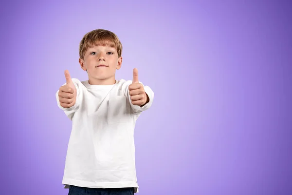 Child Boy Looking Camera Showing Thumbs Copy Space Empty Purple — Stock Photo, Image