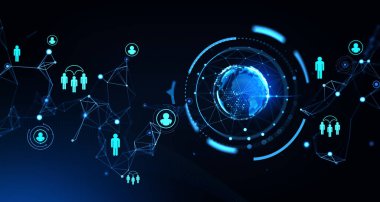 Parlayan toprak küresi ve farklı insanlar sanal dünyada birbirine bağlı ikonlar, dijital çizgiler ve matrisler. İnsan kaynakları, personel, yönetim ve çevrimiçi ağ kavramı. 3B resimleme