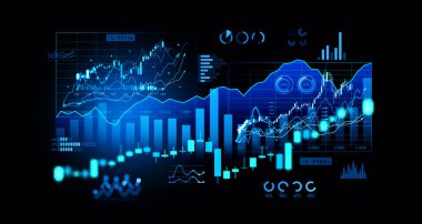 Diyagramlı eski hologram paneli ve şamdanlı bar çizelgesi. Parlak borsa analizi ve büyük iş veri analizi. Çevrimiçi ticaret kavramı. 3B resimleme