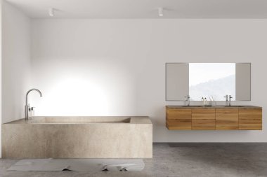 Modern banyo, beyaz duvarlar, beton zemin, büyük küvet ve üzerinde yatay ayna olan ahşap çift lavabo. 3d oluşturma