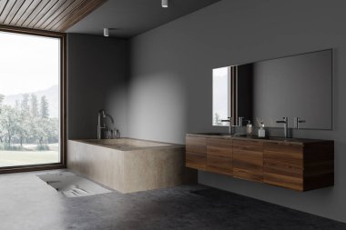 Gri duvarları, beton zemini, devasa küveti ve üzerinde yatay ayna olan ahşap çift lavabo olan şık bir banyonun köşesi. Dar bir pencere. 3d oluşturma