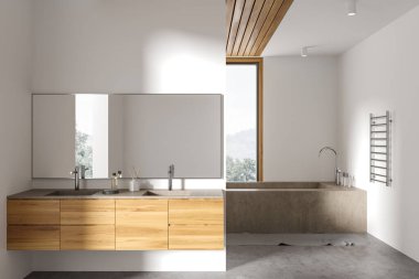 Modern banyo, beyaz duvarlar, beton zemin, büyük küvet ve üzerinde yatay ayna olan ahşap çift lavabo. Dar bir pencere. 3d oluşturma