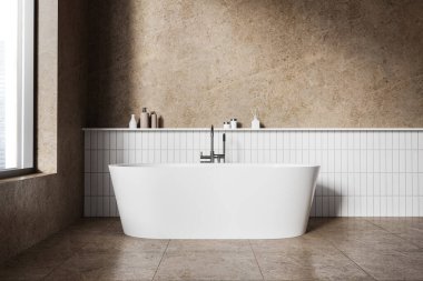 Lüks banyo, küvet, minimalist aksesuarlar. Beton bej döşemeli minimalist banyo alanı. Gökdelenlerin panoramik penceresi. 3B görüntüleme