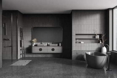 Karanlık ev banyosu, banyo küveti, çift lavabo ve cam kapılar ardında duş. Modern banyo yapan minimalist aksesuarlar ve panoramik pencere. 3B görüntüleme