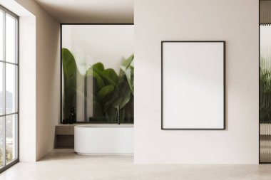 Beyaz duvarları, beton zemini, rahat beyaz küveti ve dikey poster çerçevesi olan modern banyonun içi. Reklam ve kaplıca kavramı. 3d oluşturma