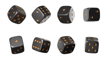 Boş beyaz arkaplanda farklı sayılar gösteren sekiz adet altın noktalı siyah zar. Şans kavramı, online oyunları dene. 3B resimleme